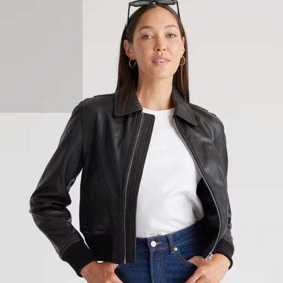 Quince Leather Bomber Jacket Black Size Large NWOT - Picture 3 of 11